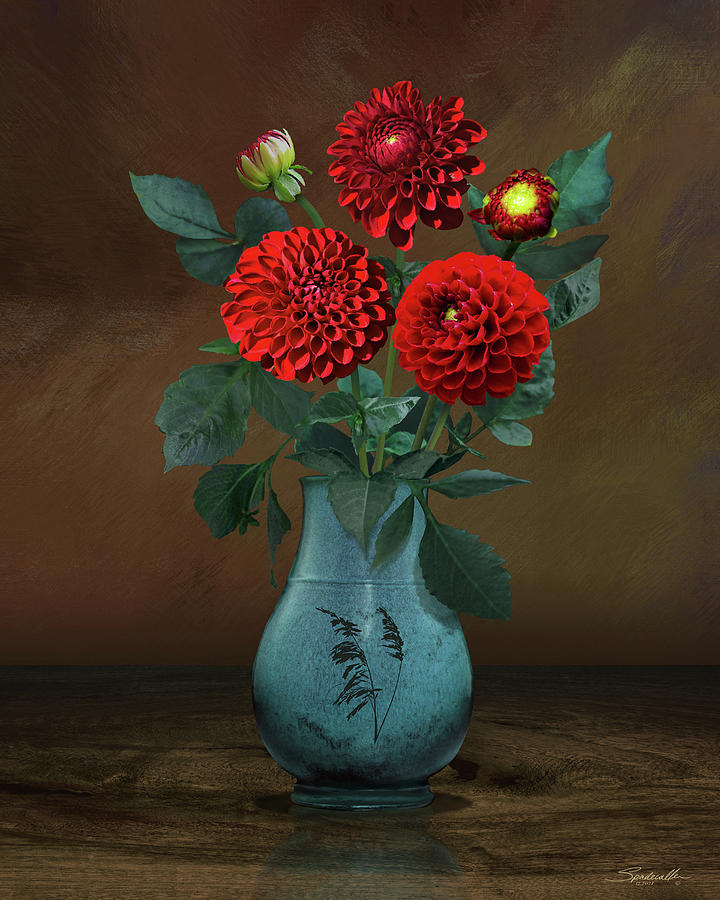 Red Dahlias in Bluel Vase Digital Art by M Spadecaller
