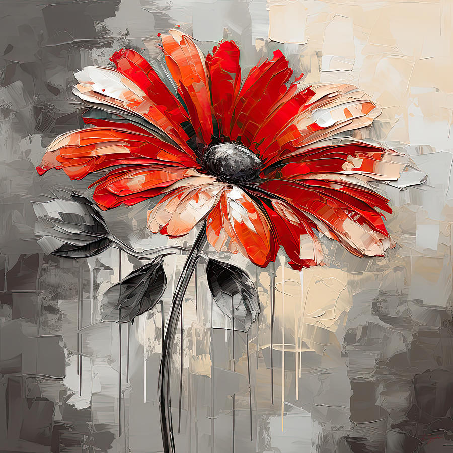 Red Daisy Flower Art for Home Decor -  Painting by Lourry Legarde