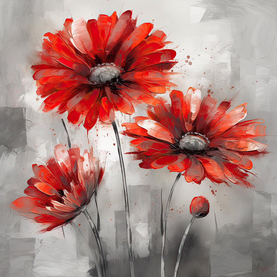 Daisy Digital Art - Red Daisy Flowers Art by Lourry Legarde