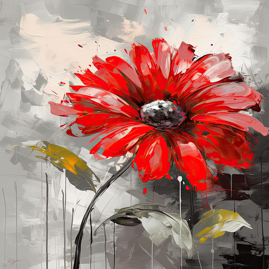 Daisy Digital Art - Red Daisy on Gray - A Timeless Classic by Lourry Legarde