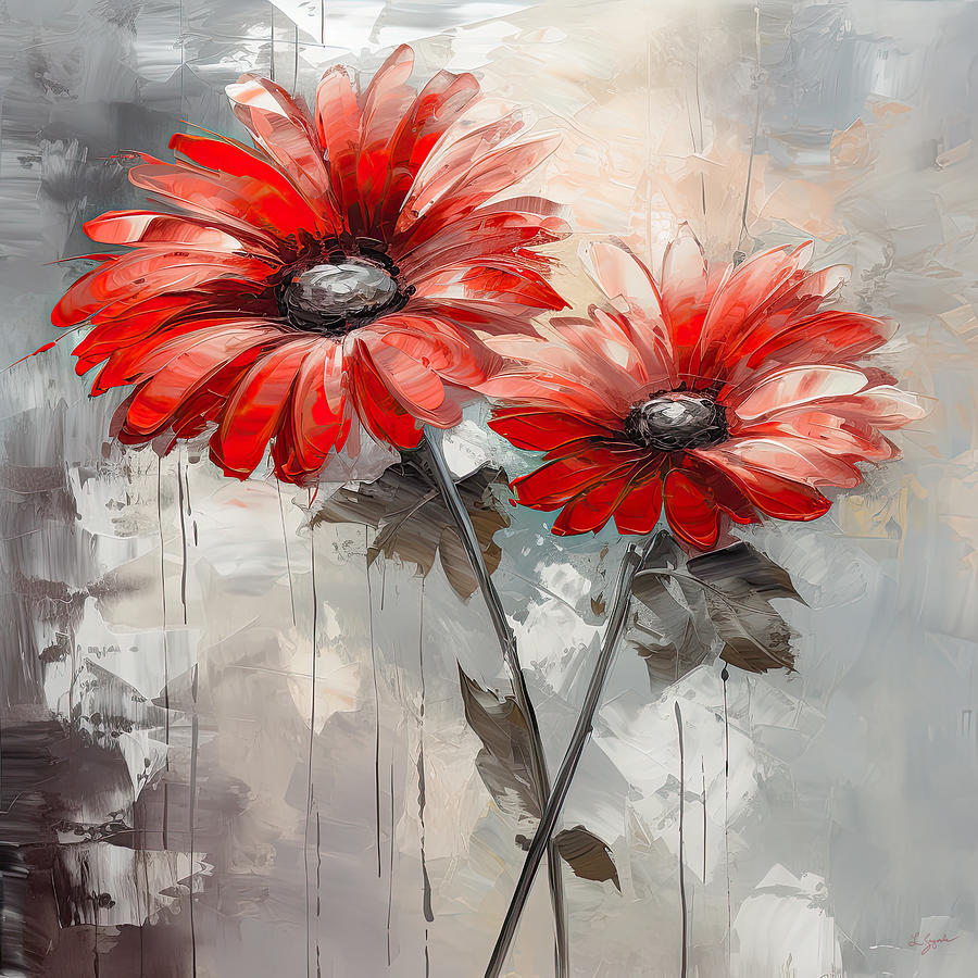Red Daisy on Gray - A Touch of Elegance and Charm Digital Art by Lourry Legarde