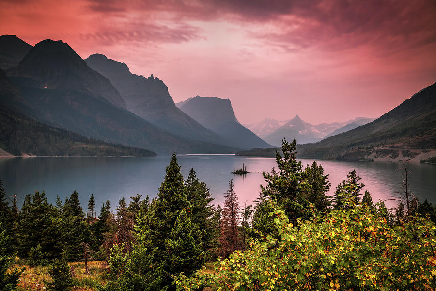 Red Dawn At St Mary Lake - Glacier Montana Photograph by Gregory Ballos