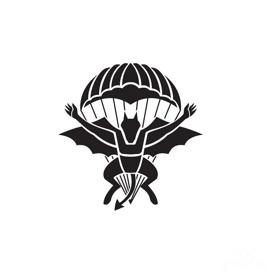 Red Devils Parachute Regiment Free Fall Team Showing A Demon Devil Or Bat With Parachute Jumping Front View Military Badge Black And White Digital Art