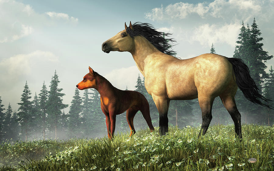 Red Doberman and Buckskin Horse Digital Art by Daniel Eskridge
