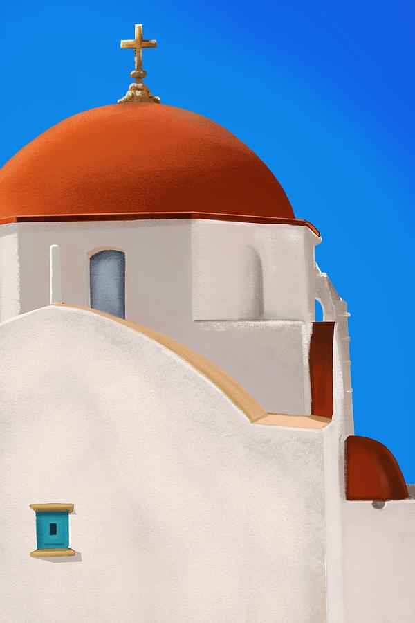 Red Dome Church In Mykonos - Santorini, Greece - Minimalist Painting Mixed Media