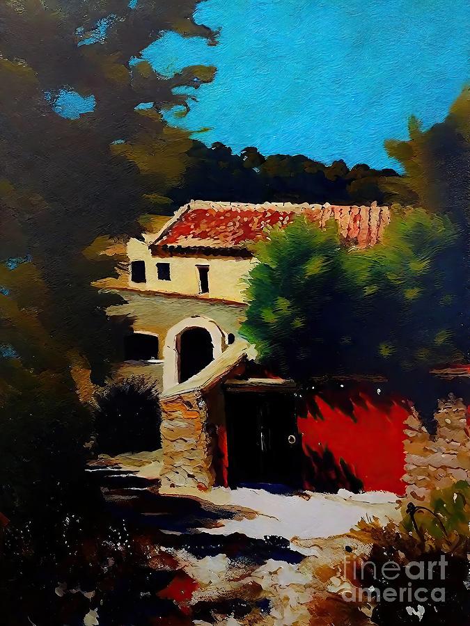 Impressionism Painting - Red Door at the Bridge Abbaye SainteMarie de Fontfroide Painting painting Impressionism Expressionism Fine art Realism Landscape Travel Culture Places France Hard edge blue canvas oil painting by N Akkash