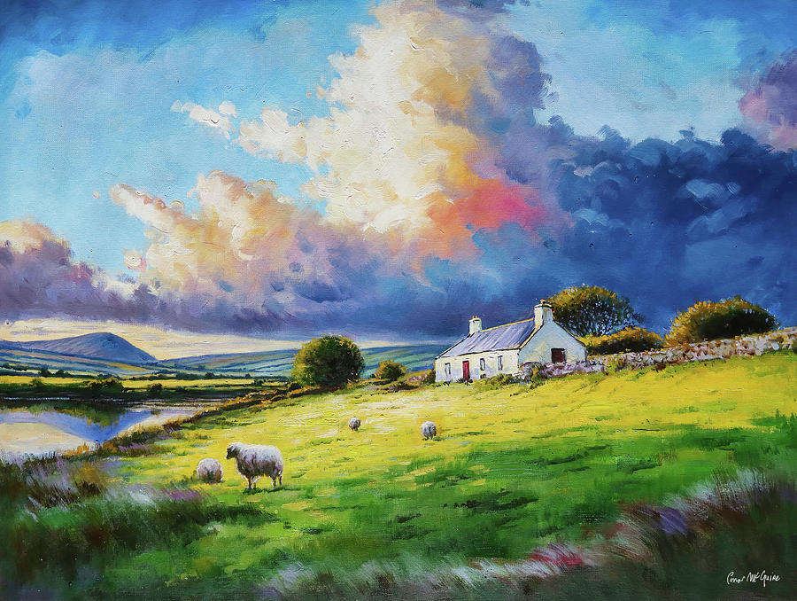 Red Door Cottage on Hill Painting by Conor McGuire