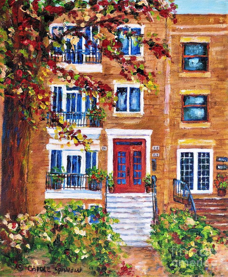 Red Door To The Outremont Home Shaded By Red Maple Tree C Spandau Canadian Artist Montreal Scenes Painting by Carole Spandau