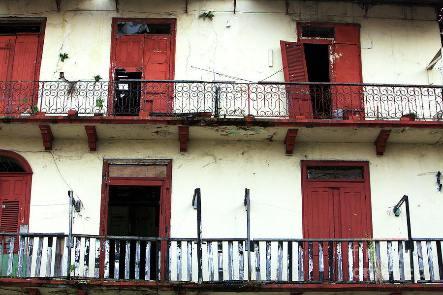 Red Doors on the Casco Viejo Balcony in Panama City Photograph by John Rizzuto