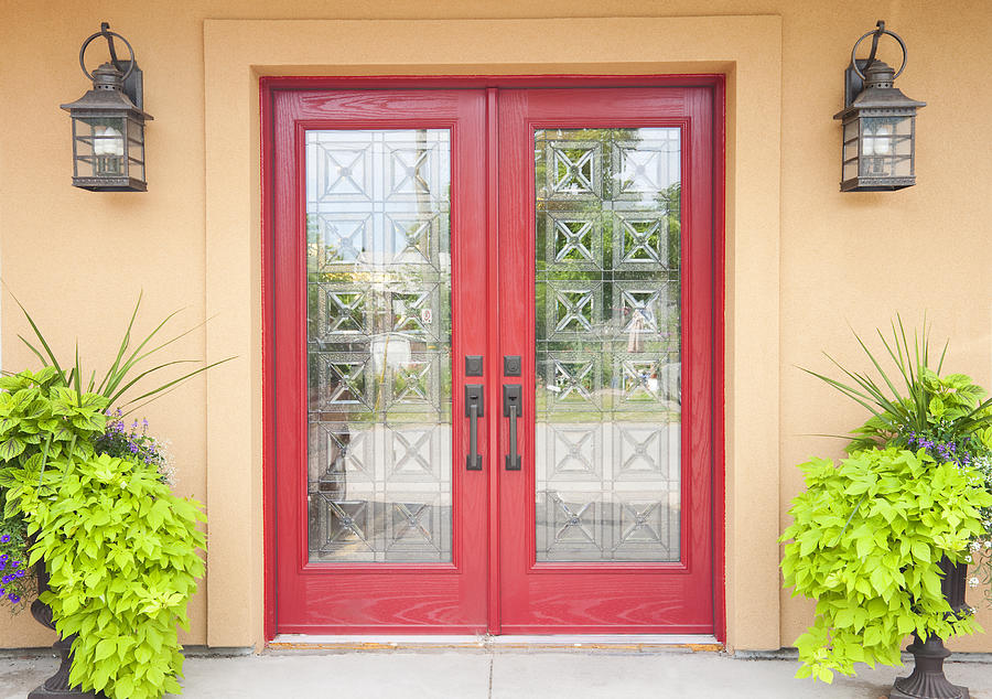 Red double doors in a Aztec styled home Photograph by DebraLee Wiseberg