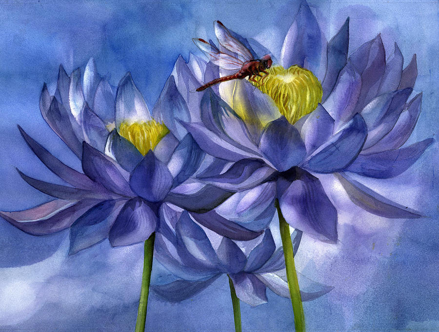 Red Dragonfly With Blue Waterlilies Painting by Alfred Ng