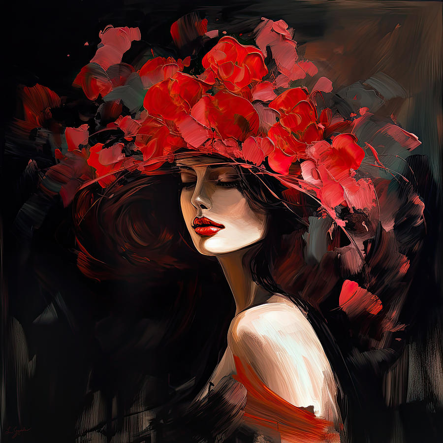 Baroness Digital Art - Red Dream - Victorian Lady in a Vibrant Red Flowery Hat by Lourry Legarde