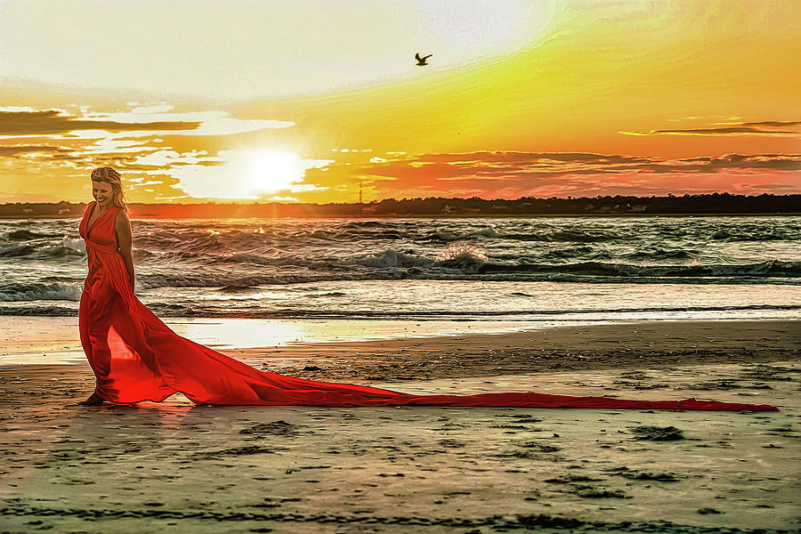 Red Dress at Sunset Photograph by Sand Catcher