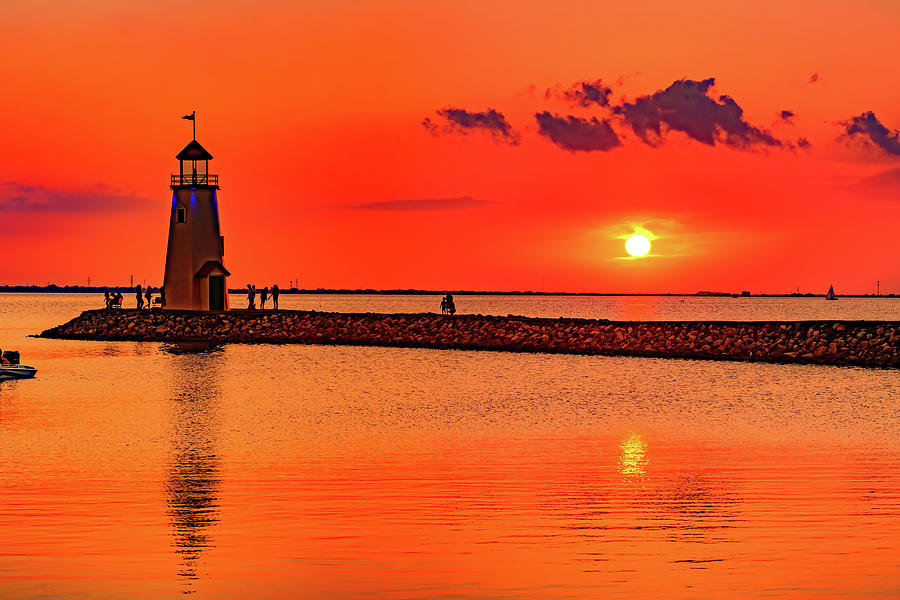 Red Dusk Sunset At The Lake Hefner Lighthouse Photograph