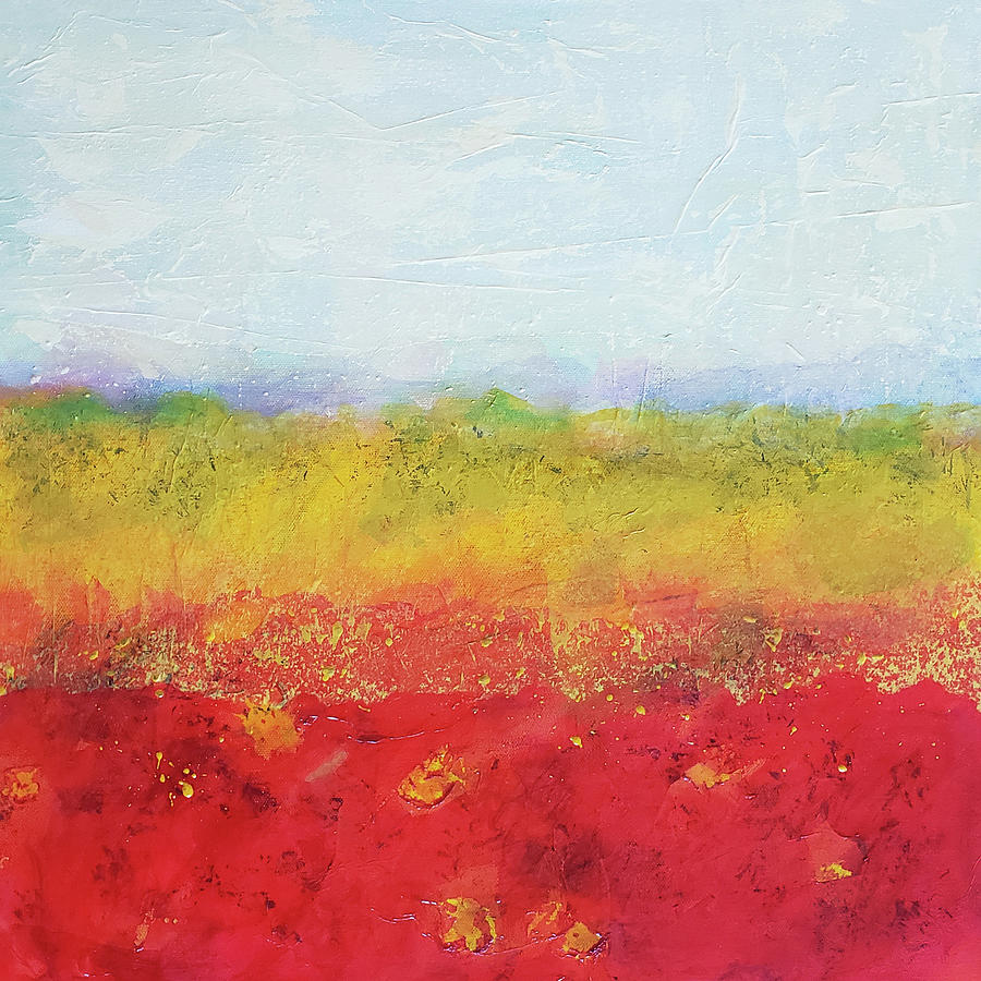 RED EARTH Abstract Landscape in Red Yellow Blue White Mixed Media by Lynnie Lang