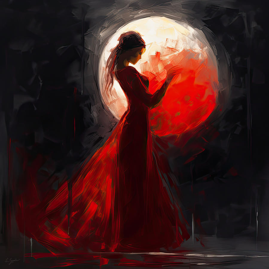 Lady In Red Digital Art - Red Embrace - Moon Lover Art by Lourry Legarde