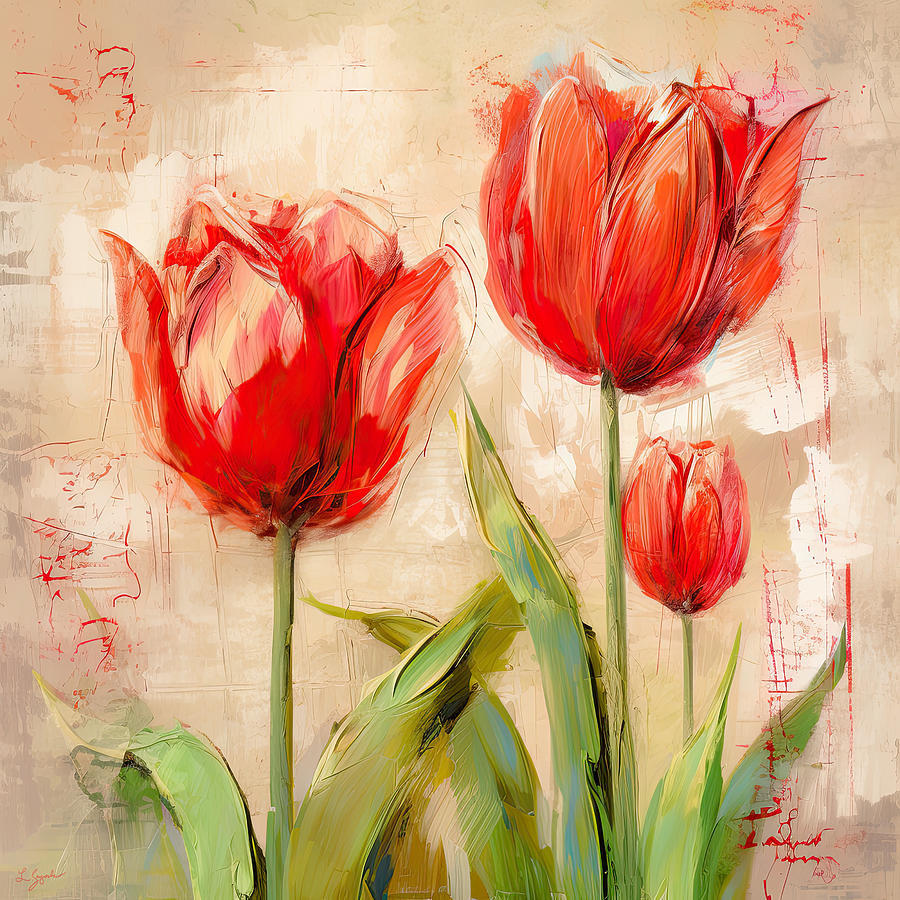 Red Enigma- Red Tulips Paintings Painting by Lourry Legarde