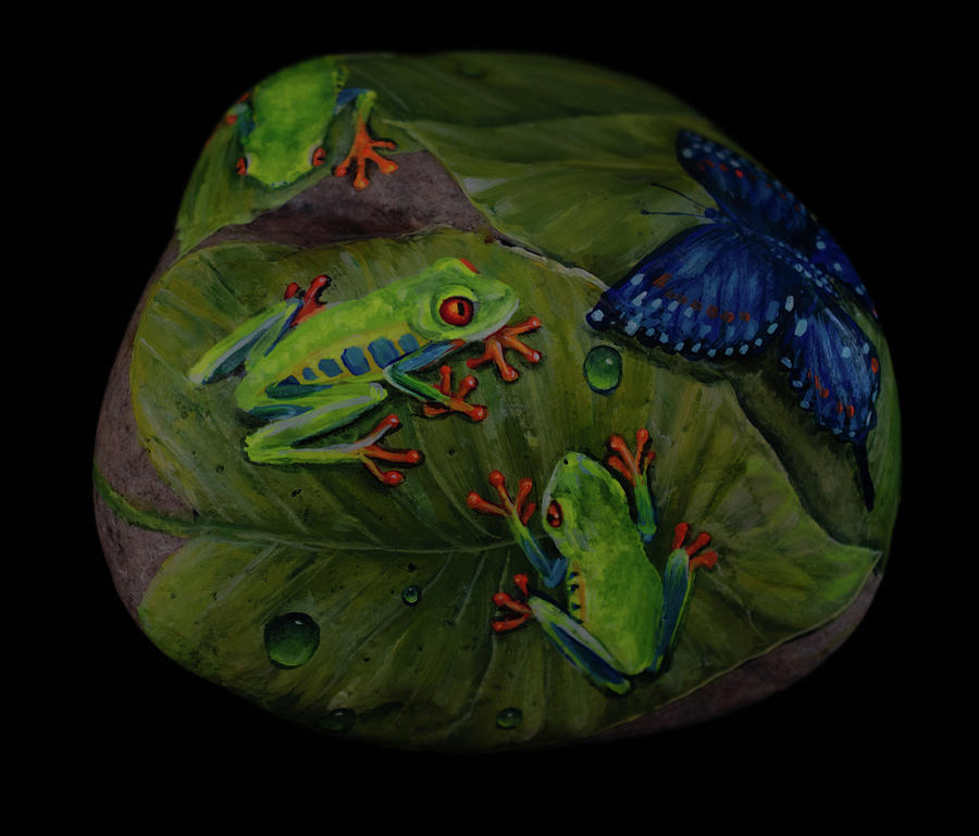 Red Eyed Tree Frogs And Blue Butterfly Painting by Nancy Lauby