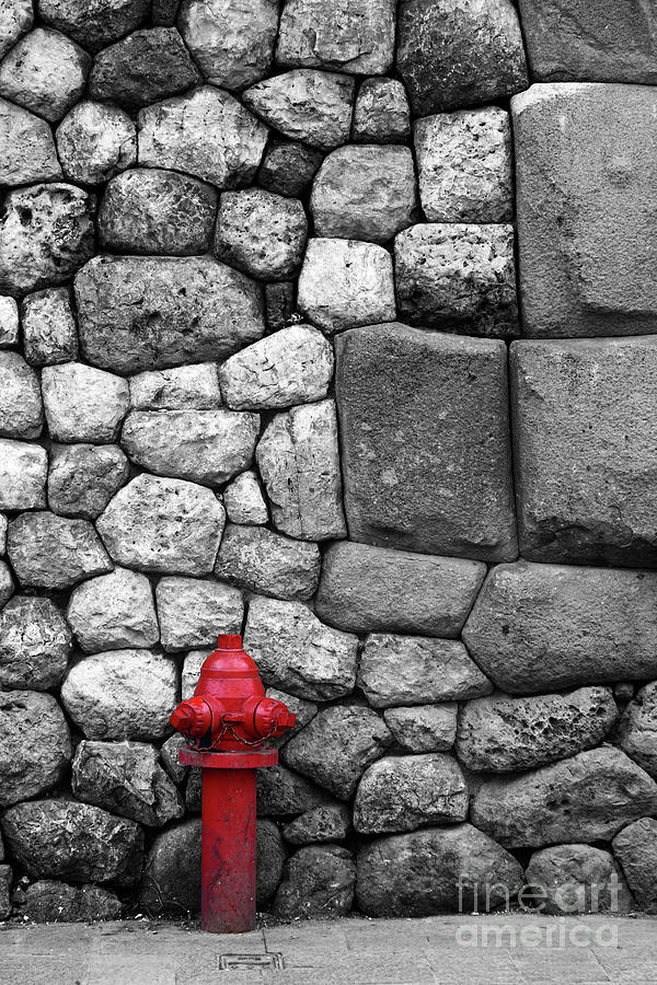 Vintage Photograph - Red Fire Hydrant Selective Colour Cusco Peru by James Brunker