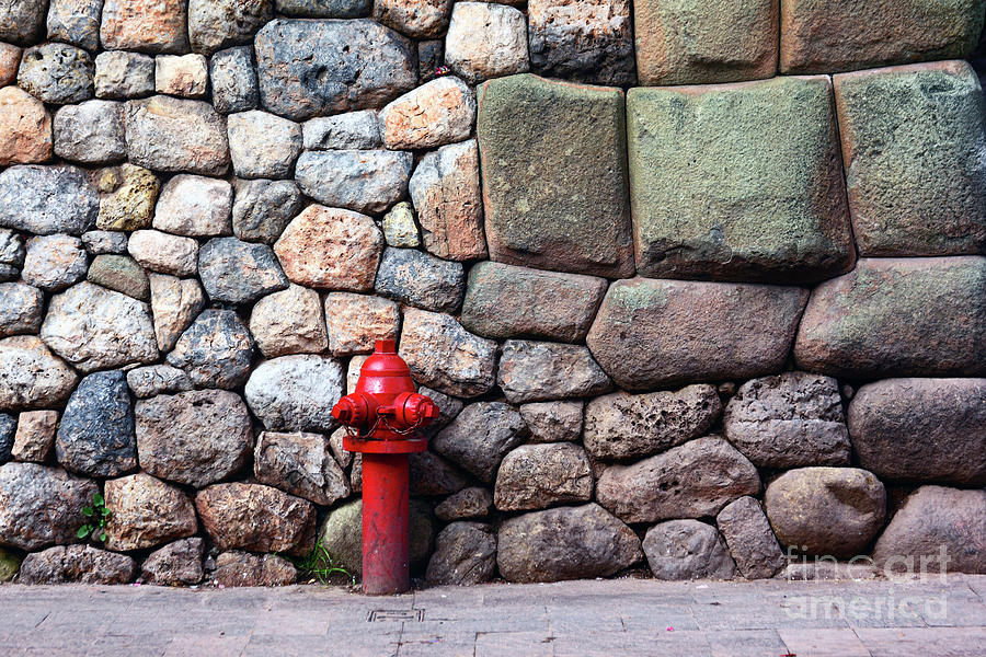 Red Fireplug and Inca Stonework Cusco Peru Photograph by James Brunker