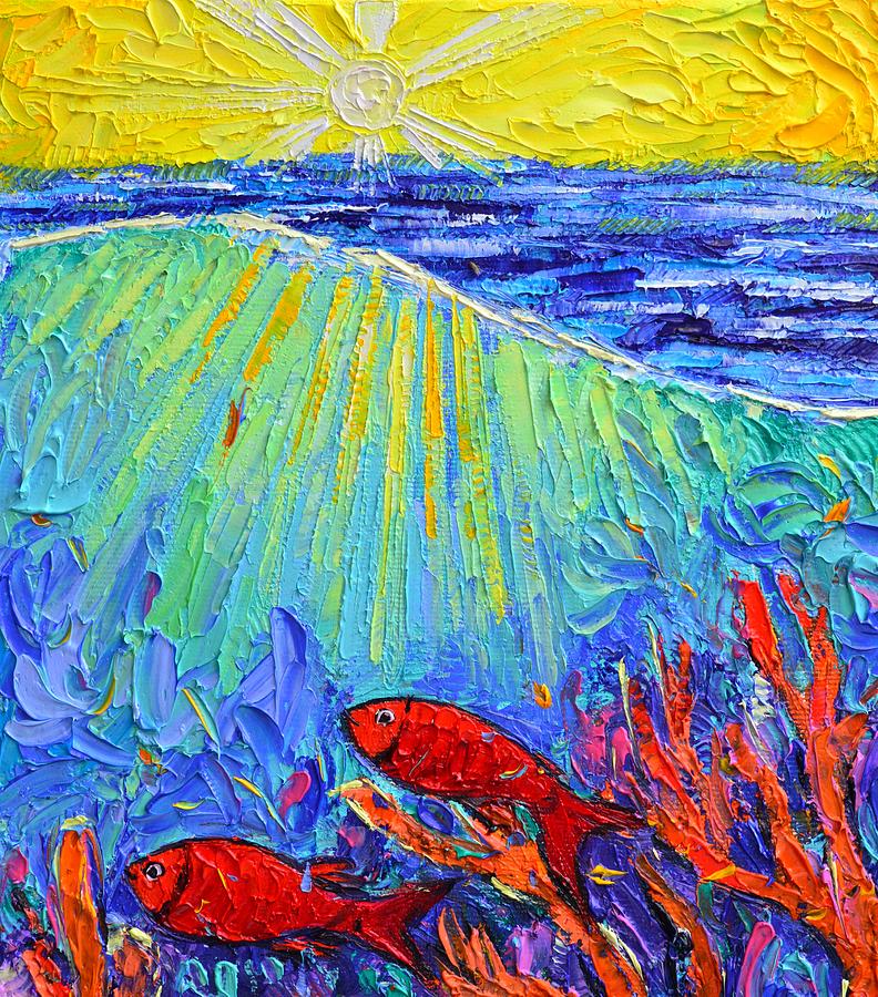 RED FISHES LOVE SUNRISE RAYS BY SEA SPONGE knife oil underwater painting detail Ana Maria Edulescu Painting by Ana Maria Edulescu