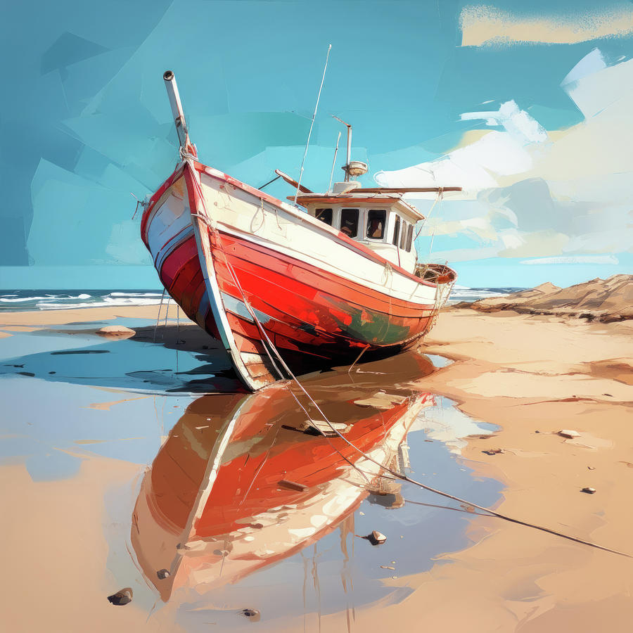 Red fishing trawler on a beach Digital Art by Imagine ART