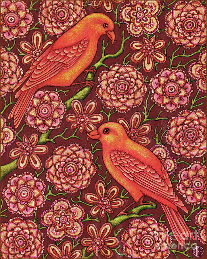 Red Floral Bird Tapestry  Painting by Amy E Fraser