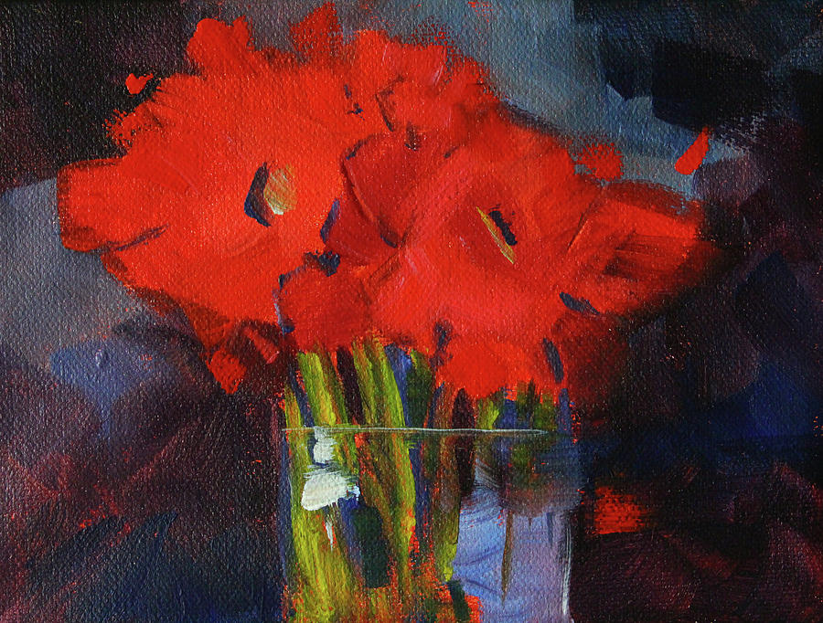 Red Floral Painting by Nancy Merkle
