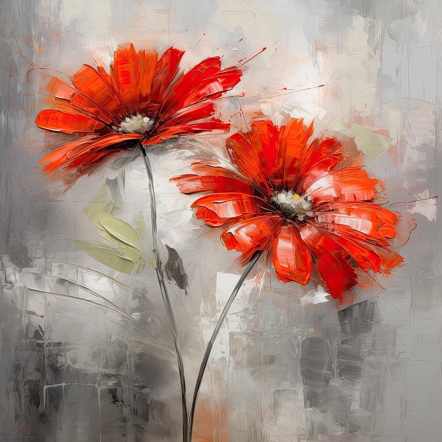 Red Flower Against a Gray Sky Painting by Lourry Legarde