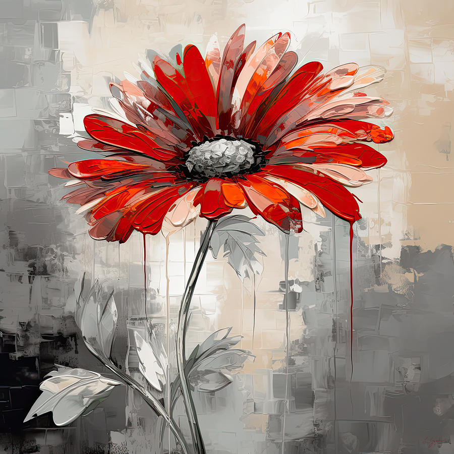 Daisy Painting - Red Flower Against Gray by Lourry Legarde