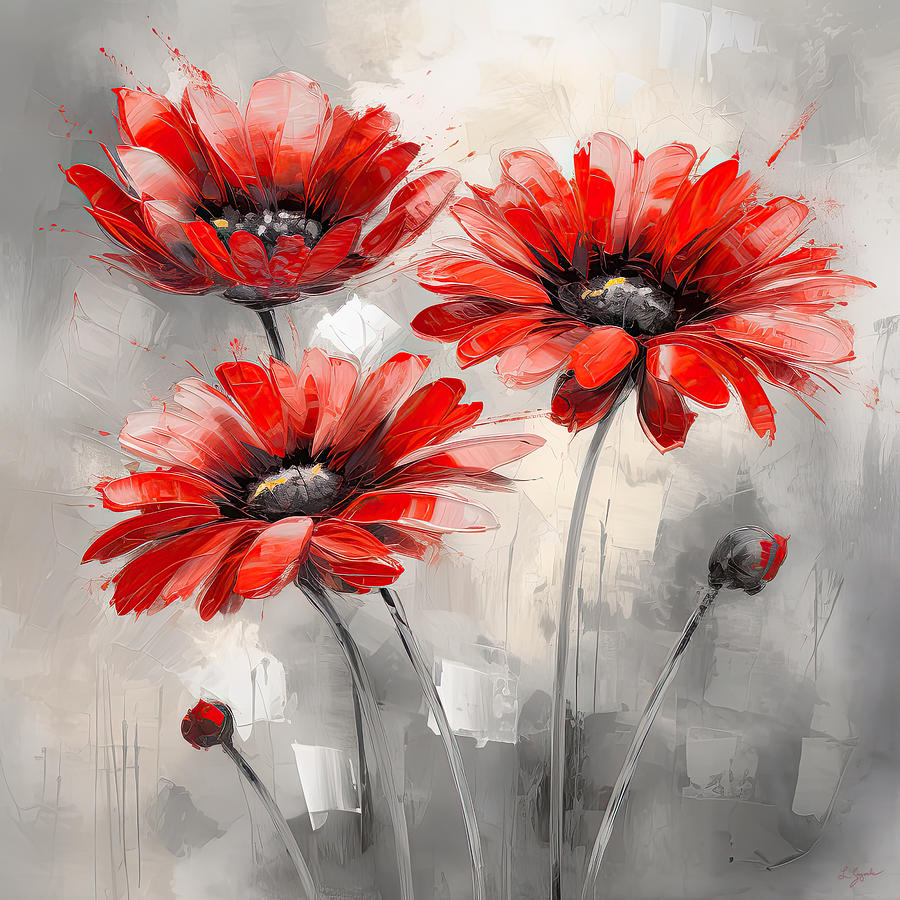 Red Flower Bloom in Gray World Digital Art by Lourry Legarde