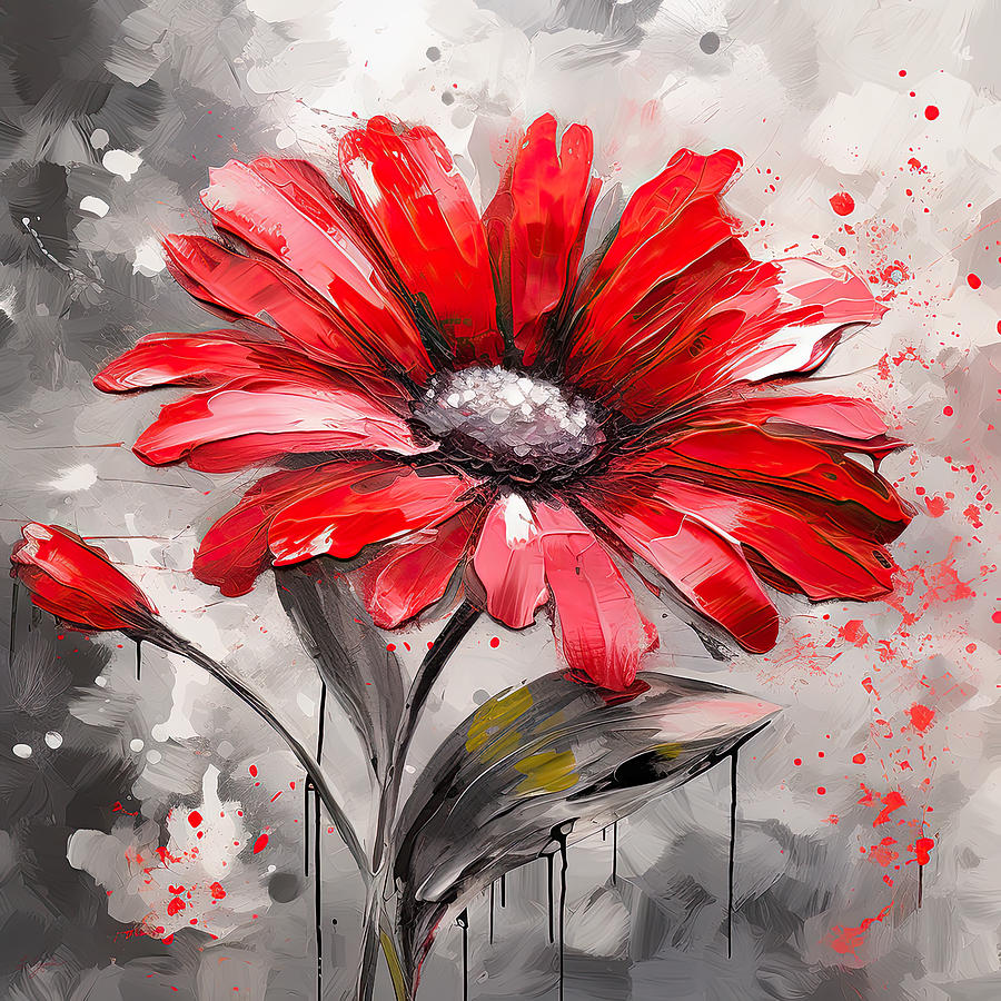 Daisy Digital Art - Red FLower in Minimalist Gray Art by Lourry Legarde