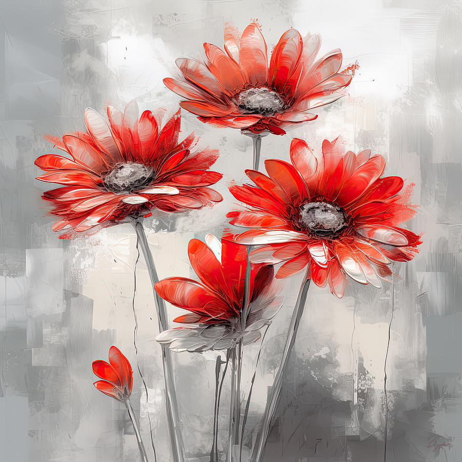 Daisy Digital Art - Red Flower Minimalist Art on Gray by Lourry Legarde