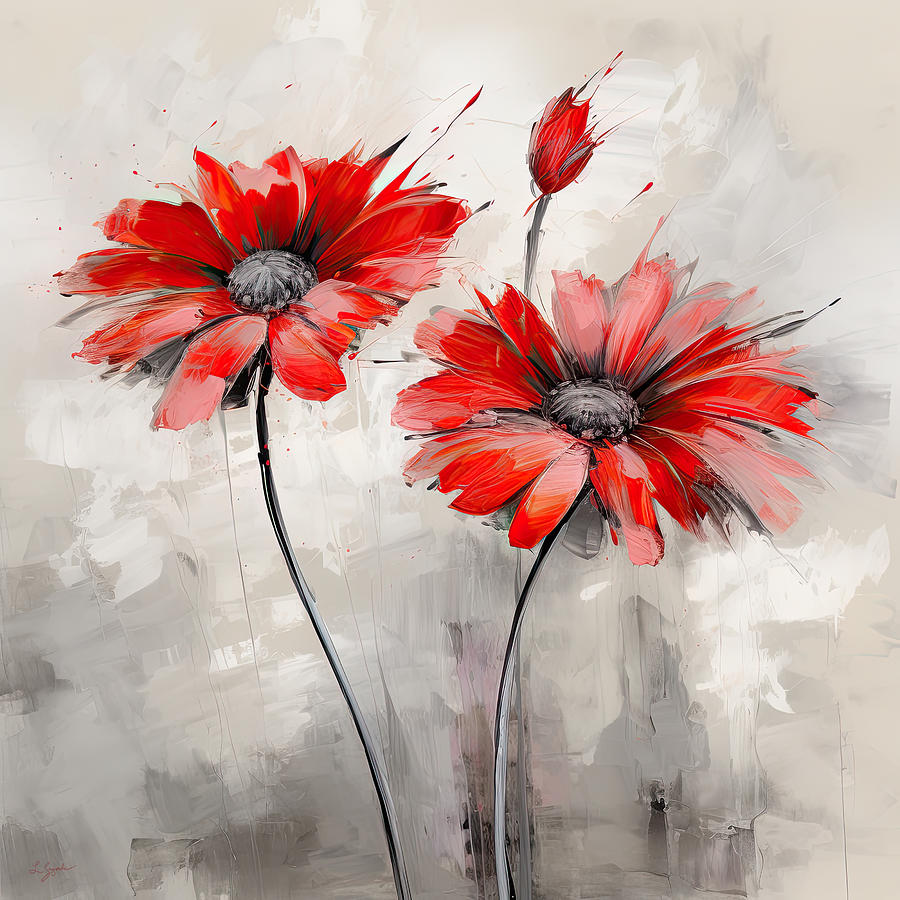 Red Flower Modern Art on Gray Digital Art by Lourry Legarde