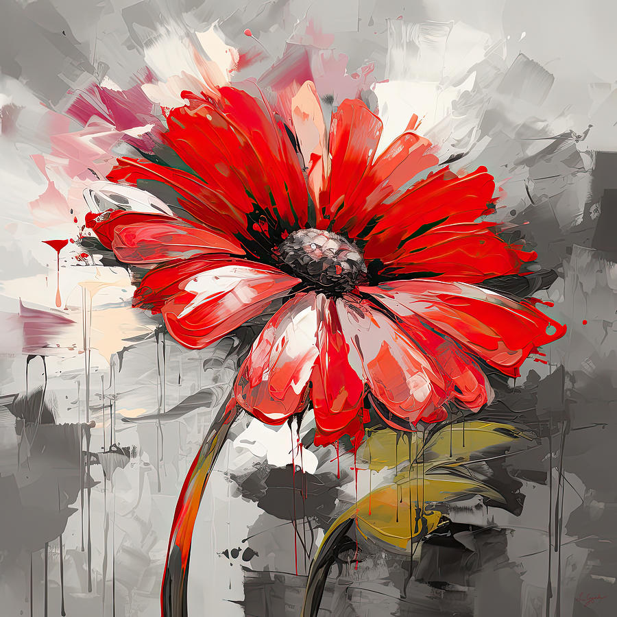 Daisy Digital Art - Red Flower on a Gray Background by Lourry Legarde