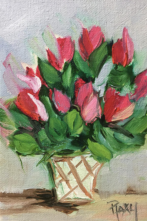 Red Flowers in a White Basket Painting by Roxy Rich