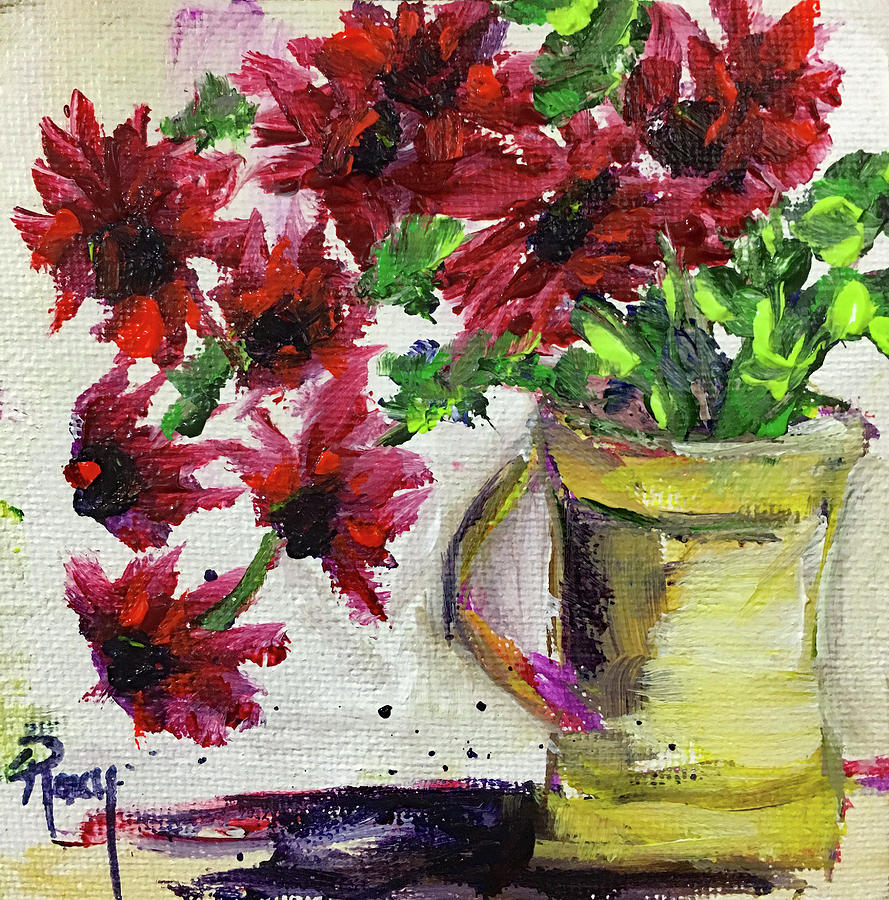 Red Flowers in a Yellow Pitcher Painting by Roxy Rich