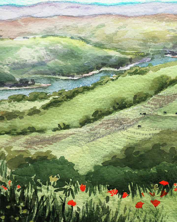 Red Flowers In The Hills With Creek Watercolor  Painting by Irina Sztukowski