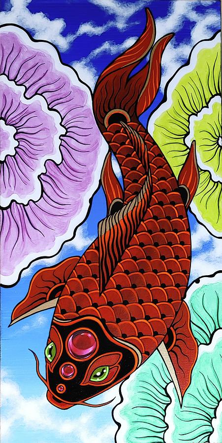 Red Flying koi fish Painting by Bryon Stewart