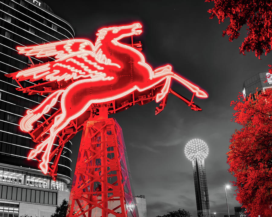 Dallas Skyline Photograph - Red Flying Pegasus and Reunion Tower in Dallas Texas by Gregory Ballos