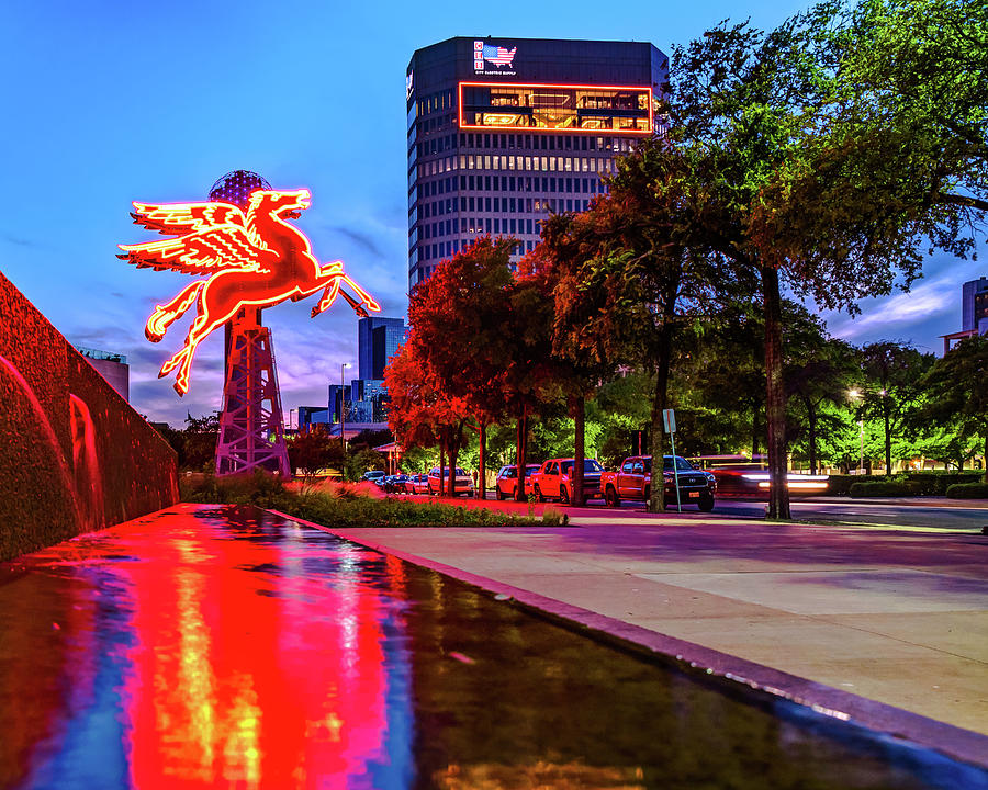 Dallas Skyline Photograph - Red Flying Pegasus of Dallas Texas at Dusk by Gregory Ballos