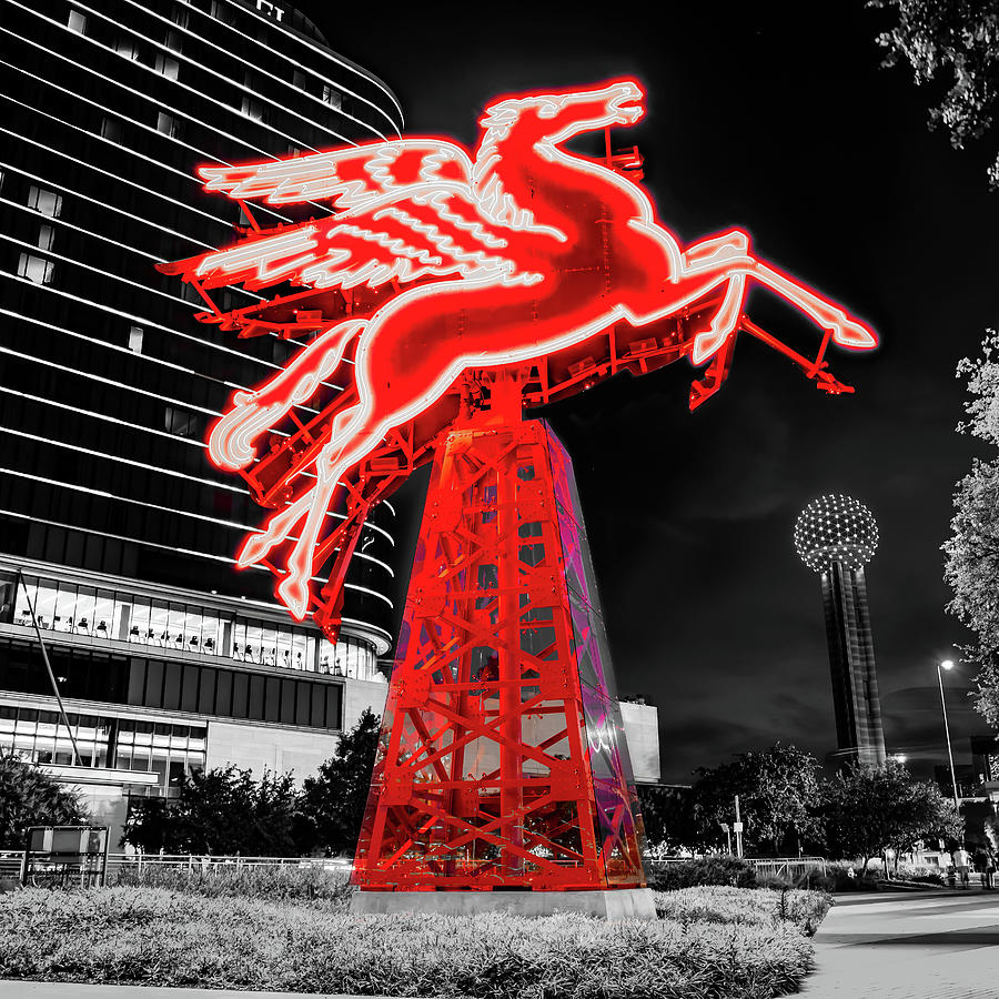 Red Flying Pegasus of Dallas Texas with Reunion Tower in Selective Color Photograph by Gregory Ballos