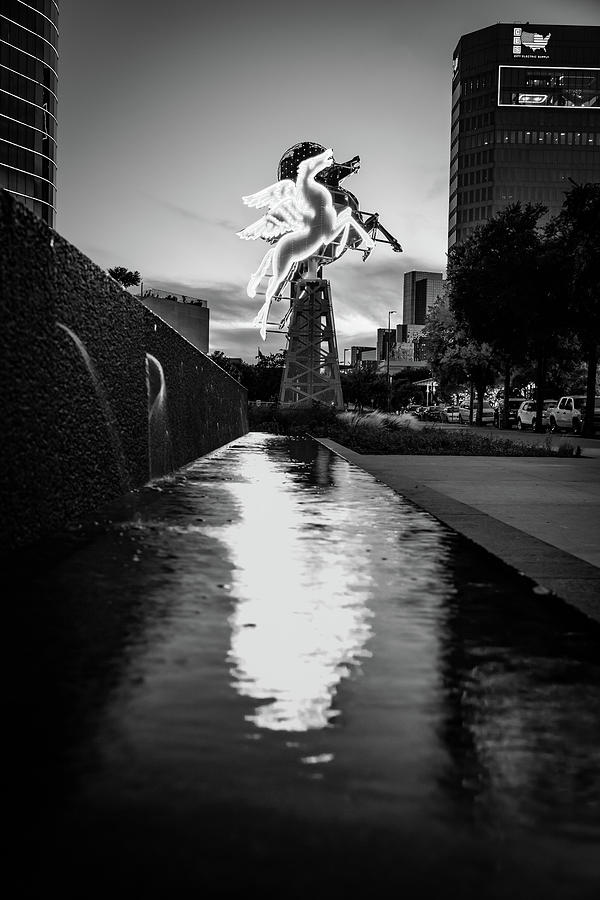 The Flying Pegasus Over Dallas Fountain In Black And White Photograph by Gregory Ballos