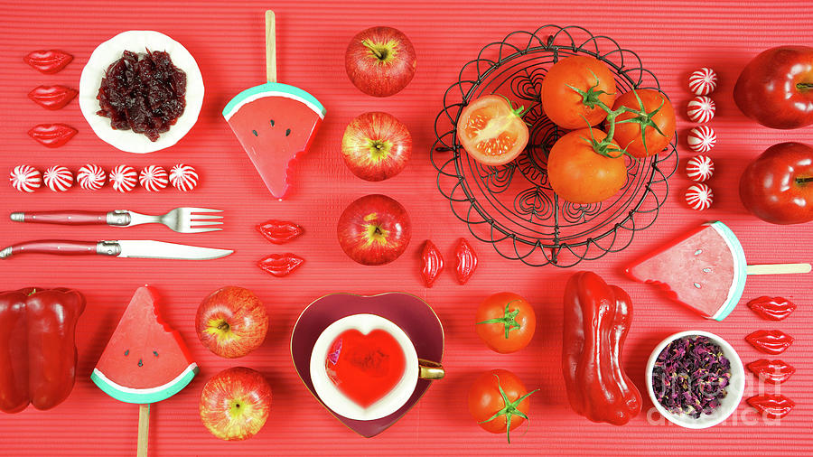Red foods with healthy antioxidants and health benefits creative concept. Photograph by Milleflore Images