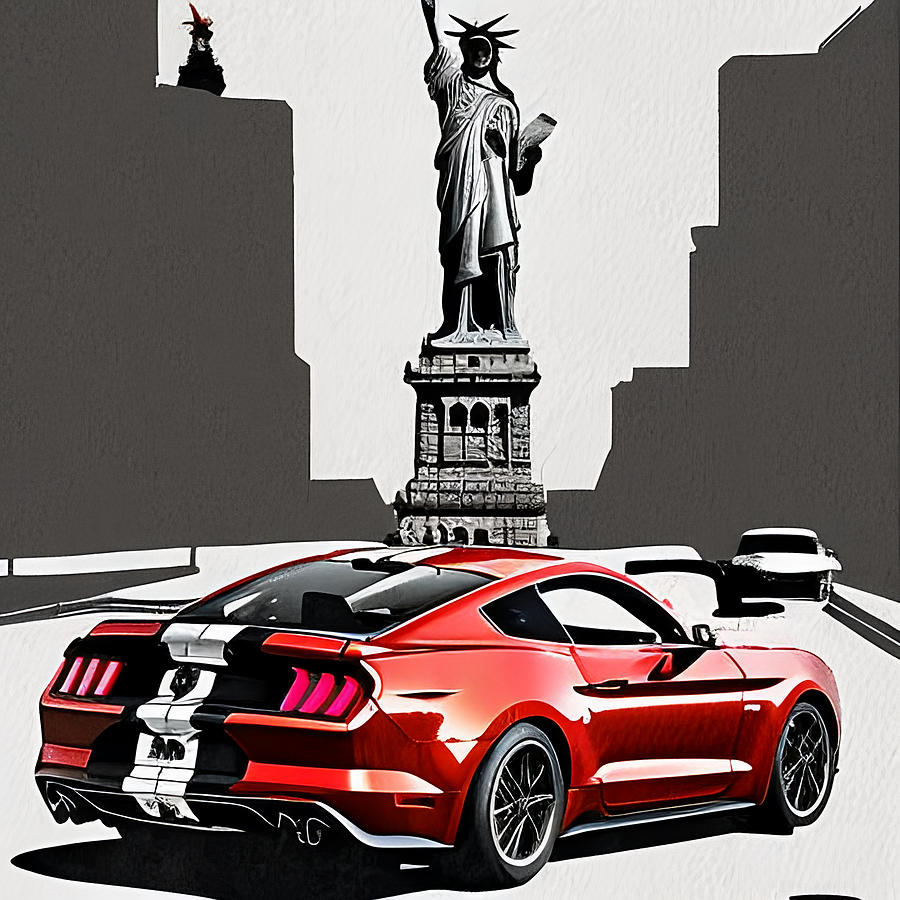 Red ford mustang near statue of liberty Digital Art by CarsToon Concept ...