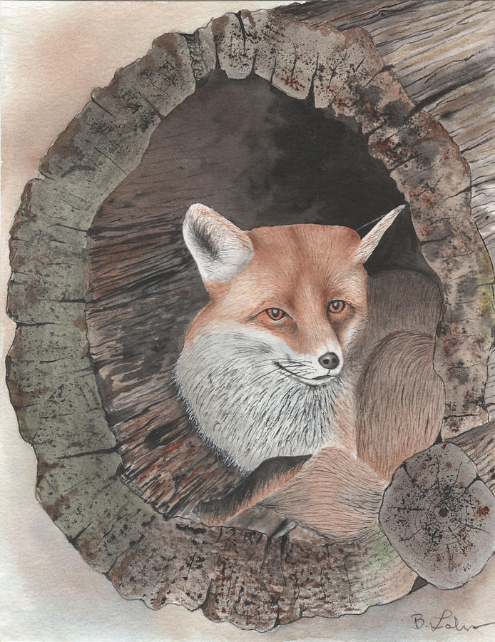 Red Fox in Hollow Log Painting by Bob Labno