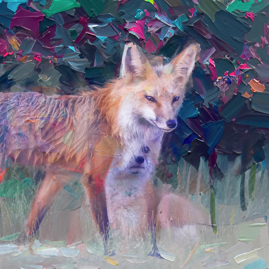 Red Fox Mom With Child - Oil Paint Mixed Media
