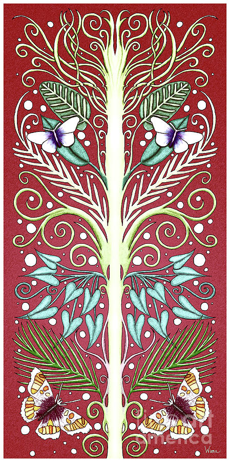 Red French Inspired Design with Two Kinds of Butterflies, Ferns and Zebra Plant Leaves Tapestry - Textile by Lise Winne