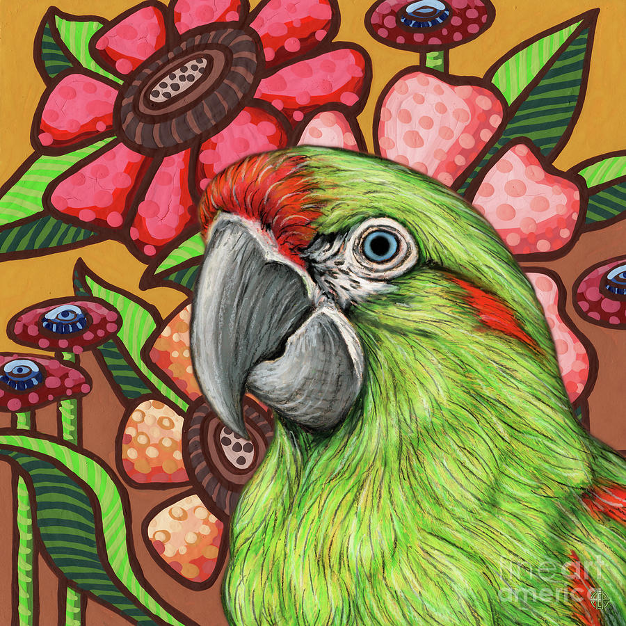 Red Fronted Macaw Floral Abstract Painting by Amy E Fraser