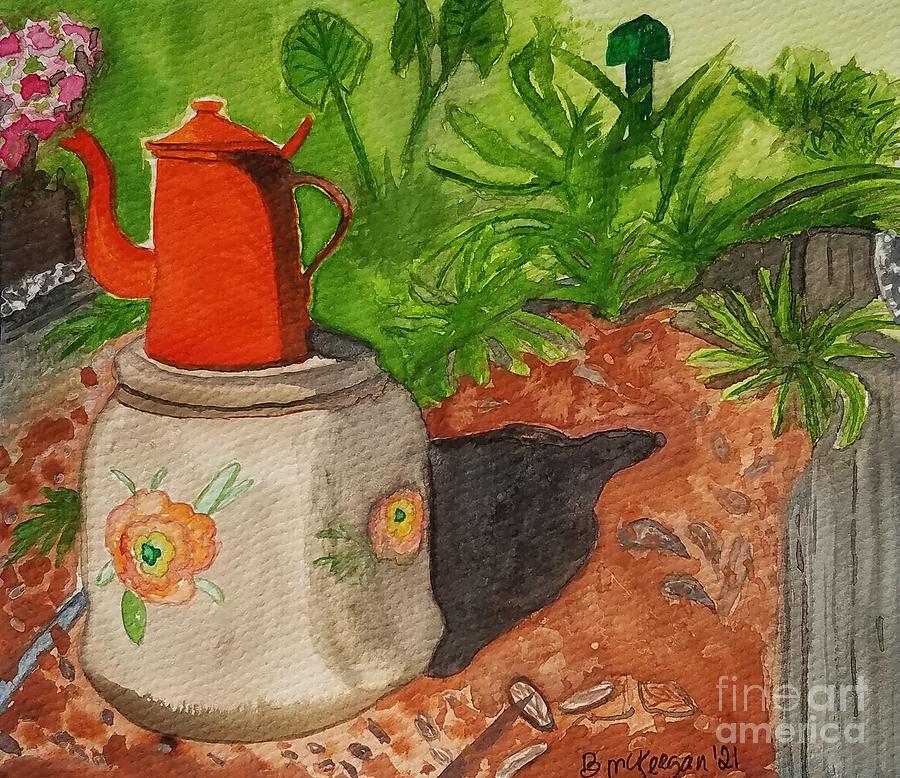 Garden Painting - Red Garden Teapot by Bonnie McKeegan Garden Painting - Red Garden Teapot by Bonnie McKeegan